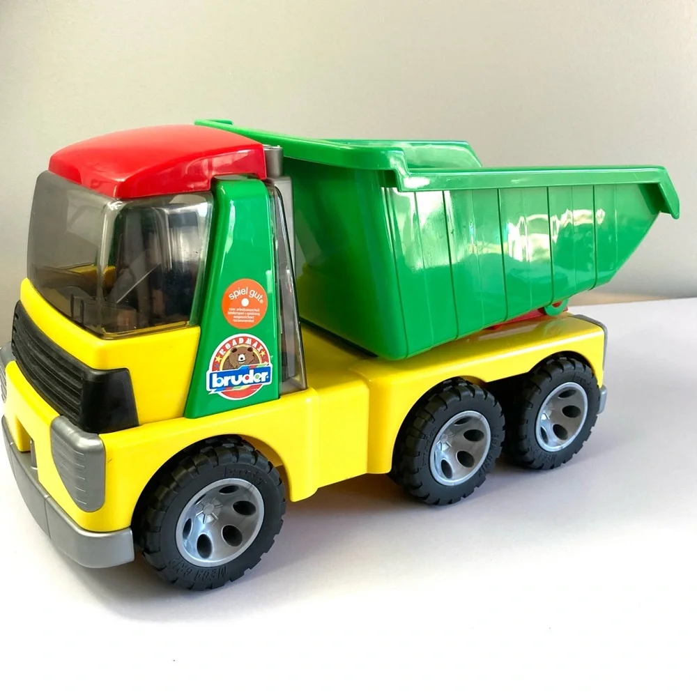 Bruder toys roadmax dump truck rotating moving kids plastic green yellow red